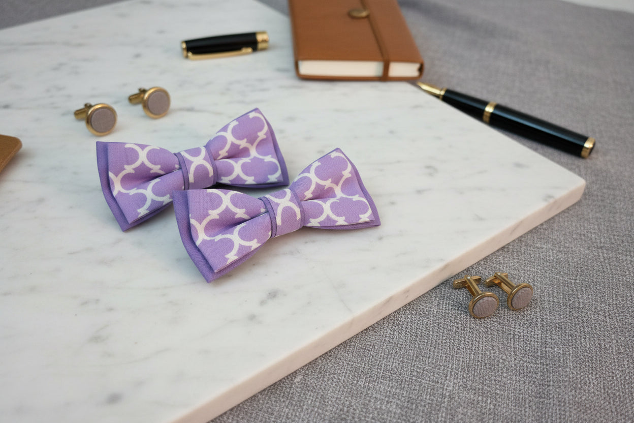 Two purple bow ties with a pattern on a granite surface.